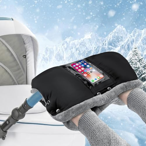 Aoreun Kinderwagen Handwärmer, Kinderwagen Handschuhe Handmuff mit Fleece Innenseite, Universalgröße Handschuhe Wasserdicht und Winddicht für Kinderwagen Buggy Radanhänger - Schwarz