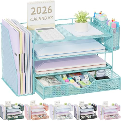 gianotter Bac à courrier avec porte-fichiers, 4 niveaux pour accessoires de bureau et espace de travail avec tiroir et 2 porte-stylos, organiseurs de bureau et accessoires pour fournitures de bureau