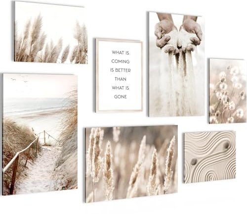 Novart Wandbilder Boho Pampasgras - KOMPLETT AUFHÄNGFERTIG - Beige Wohnzimmer Schlafzimmer Flur - 7 Moderne Mood-Bilder - N003972a