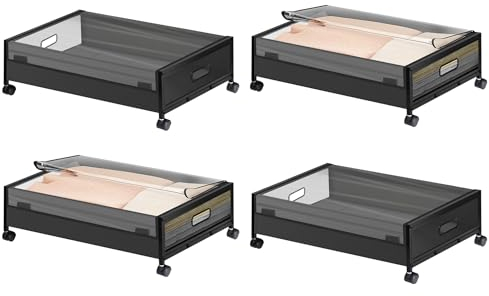 Fubiaofei Under Bed Storage on Wheels, 4 Pack 50L Underbed Rolling Metal Containers Boxes, Clear PVC Lid Underbed Clothes Storage with Handle, Under-bed Drawer Organizer for Shoes Toys Blankets