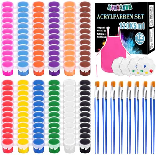 Kinmsito 145 Stück AcrylFarben Set,Mini Acrylfarben für Kinder und Erwachsene,Waschbaren Acryl Farben Set mit je 5ml mit 12 Farben 20 Pinseln 4 Palette und kinderschürzen,für Geburtstag Klassenzimmer