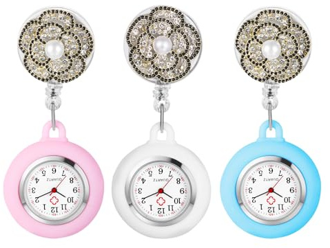Silverora Taschenuhr Schwesternuhren Silikon Dehnbare: 3PCS Leicht Ablesbare Krankenschwester Uhren Volldiamnat Blumen Pflegeruhr mit Clip Fob Pulsuhren Ansteckuhr für Ärzte Pfleger