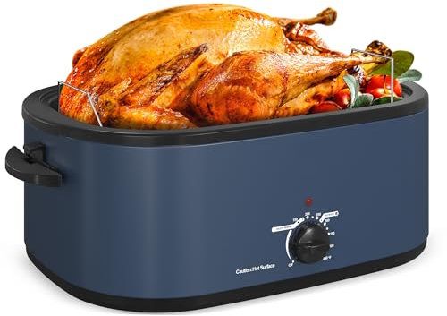 26QT Electric Roaster Oven, Electric Turkey Roaster with Viewing & Self-basting Lid, Stainless Steel Turkey Roaster Oven, Blue