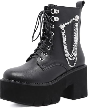 FQMAYPO Donne Stivali Grossi Piattaforma Stivali A Fondo Denso Allacciare Goth Punk Stivaletti Ladies Wedge Shoes Wide Fit Grosso Metal Chain Tacchi Alti,Nero,39 EU