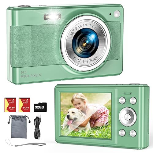 Upgrade Digital Camera, 56MP FHD 1080P for Kids with 16x Zoom Anti Shake, 32GB TF Card, Two Batteries, Lanyard, Compact Small for Boys Girls (Green)