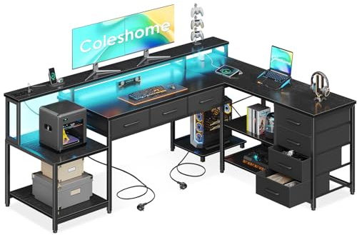 Coleshome Mesa de Juegos con Luces LED RGB, Escritorio de Esquina con 7 Cajones y Amplio Espacio de Almacenamiento, Escritorio en Forma de L Reversible con 2 Tomas, Negro, 179.5×135.5cm