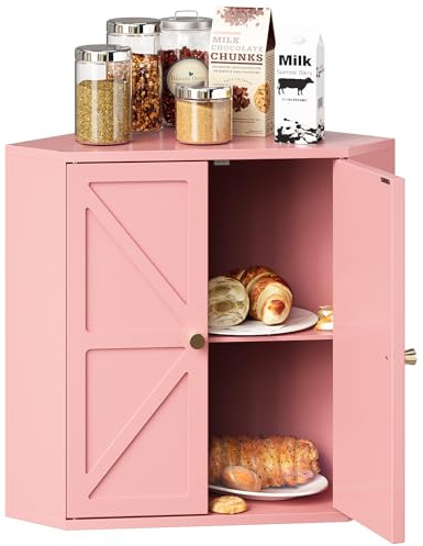 Trironsun Corner Bread Box for Kitchen Counter Double Layer Bamboo Bread Storage Container Large Capacity Bread Storage Bin Farmhouse Breadbox Organizer (Pink)