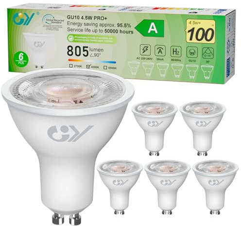 GY Ampoules GU10 LED Spot Classe A, 805LM Blanc Neutre 4000K，4,5W Équivalent 100W GU10 36° (Faisceau Étroit), Efficacité Energétique, Non-Dimmable, Lot de 6