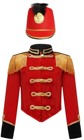 renvena Uniforme da Soldato Giocattolo per Bambini Costume da Schiaccianoci per Ragazzi Giacca da Domatore Circo Cappotto da Showman con Nappa e Cappello Rosso A 9-10 anni