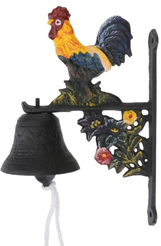 WJXFHTD Campana de hierro fundido para puerta de gallo, estilo vintage, montado en la pared, para jardín, porche, granja, rústico, color antiguo, estilo animal, campana de manivela para patio, puerta