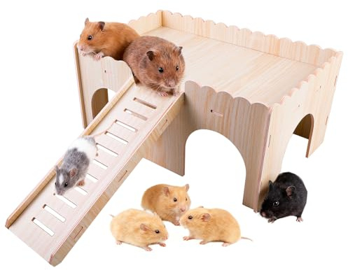 Groß Meerschweinchen Haus - Holz Hamsterhaus Mit Leiter, 2 Etagen Versteck für Kleine Haustiere Zwerghamster, 38 x 25 x 18 cm