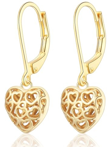Orecchini pendenti argento/oro con ciondolo a forma di cuore/goccia d'acqua per donne e donne, 15 mm x 10.6 mm, Oro giallo