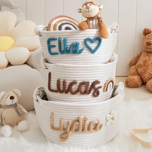 HDLOVE Cesta De Bebé Personalizada Hecha A Mano, Organizador De Cuerda De Algodón Con Nombre Personalizado For Recién Nacidos, Cesto For Juguetes Y Ropa Sucia Con Asa Trenzada(Small: 8.66x7.09inch)