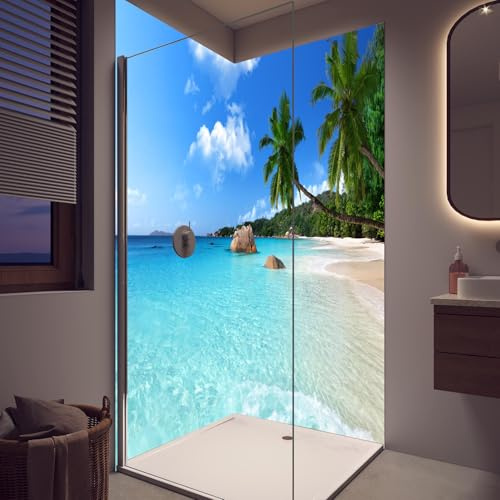 Duschrückwand Türkises Meer und blauer Himmel Seychellen - Wandverkleidung für Dusche aus ALU Matt 0,3 cm - fugenlos & wasserfest - Rückwand Dusche 100 x 250 cm - RUECKWAND24