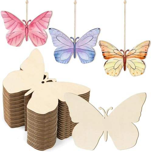 JYNVO Hölzerner Schmetterling, 20 Stück Holz Schmetterling Scheiben mit Schnur, Holzschmetterling zum Bemalen, Naturholzscheiben zum Basteln, für DIY Handwerk Weihnachtsbaum Anhänger