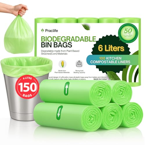 Praclife Biodegradable Food Waste Bags, 6L Compostable Caddy Bin Liners, Small Clear Green Food Recycling Garbage Trash Bags, 150pcs