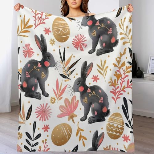 ArogGeld Rabbit Easter Eggs Wildflowers Flannel Fleece Throw Blanket 40x50in Watercolor Bunny Colorful Floral Flannel Fleece Blankets Cosy Soft Warm Sofa Throw to Friend