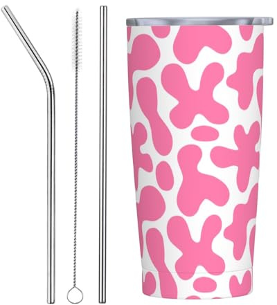 Bonito vaso con tapa y popote, con estampado de vaca rosa, vasos aislados de acero inoxidable, vasos de café personalizados, botella de agua de viaje