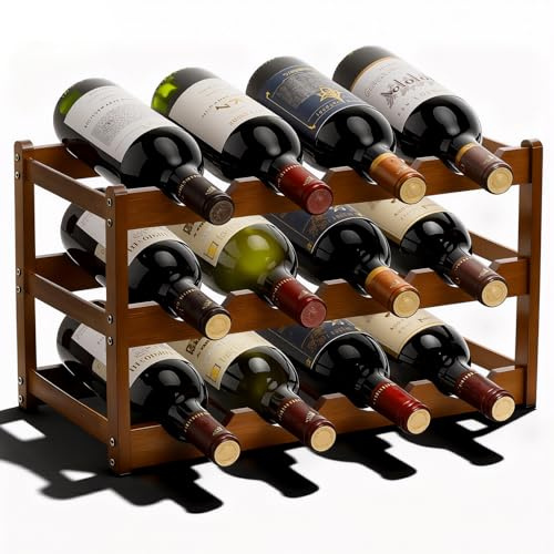 Fentar Weinregal für 12 Flaschen, 3-stöckiges Flaschenregal, Natürliches Weinregal Stapelbar aus Bambus, Stabiles Weinständer, Weinregale Schmal, Weinflaschenregal für Küche Bar Keller, 43*23.5*25cm