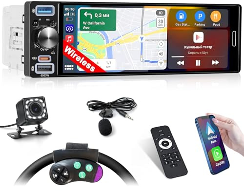 Inefala Autoradio bluetooth 1 Din con Wireless Carplay e Android Radio con Schermo da 6,5 Pollici con Bluetooth, Mirror Link, Supporta FM/RDS, EQ, USB, Type C, 2 USB