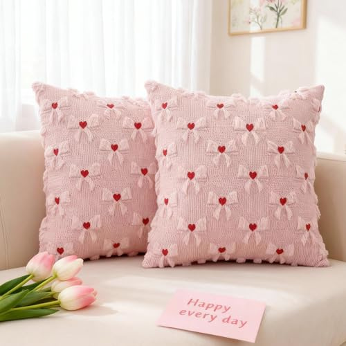 Jenshhch 2 Stück Schleifen Kissenbezug 45x45 cm, Rosa Kissenbezüge Deko Wohnzimmer Zimmer Deko Aesthetic Modern Schleifen Kissenhülle Zierkissenbezüge für Aesthetic Zimmer Deko (D)
