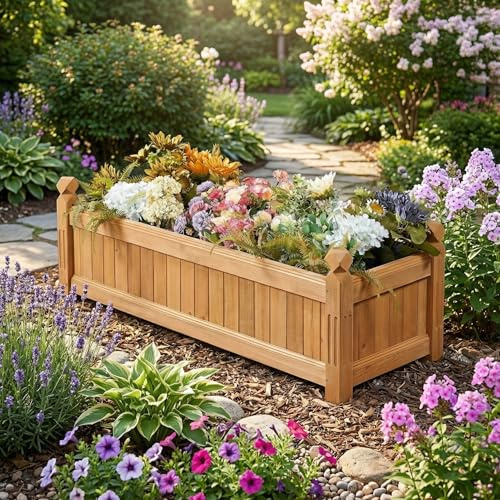 Aptliton Wooden Raised Garden Bed 110x40x35cm, Rectangular Elevated Planter Box with Drainage, Outdoor Indoor Plant Pot for Vegetables Herbs Flowers, for Garden Patio Backyard Lawn
