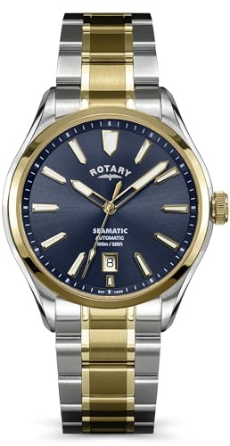 Rotary Seamatic Herren-Armbanduhr, wasserdicht, 100 m, silberfarben und vergoldet, Edelstahl