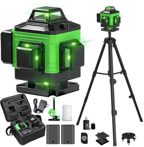 Kreuzlinienlaser mit Stativ, 4x360 Grad Grün Selbstnivellierend Laser Wasserwaage mit 2xBatterien 4D-Laser Baulaser linienlaser kreuzlaser mit 16 Linien/Fernbedienung/IP54 Wasser (Grün Mit Ständer)