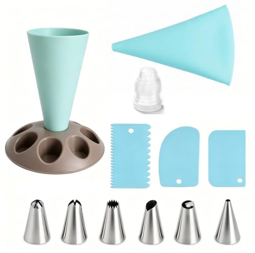 SLIAXINT soporte para manga pastelera con 8 ranuras apoyo manga pastelera con 6 boquillas 1 acoplamientos 3 espátulas, juego de mangas pasteleras de silicona reutilizables 12 accesorios para hornear