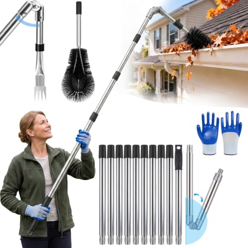 4M Heavy Duty Telescopic Roof Gutter Stable Cleaning Tools Kit Stainless | Extendable rust-proof pole with 180° adjustable brush and fork, Safely Cleaning from high roof Gutter