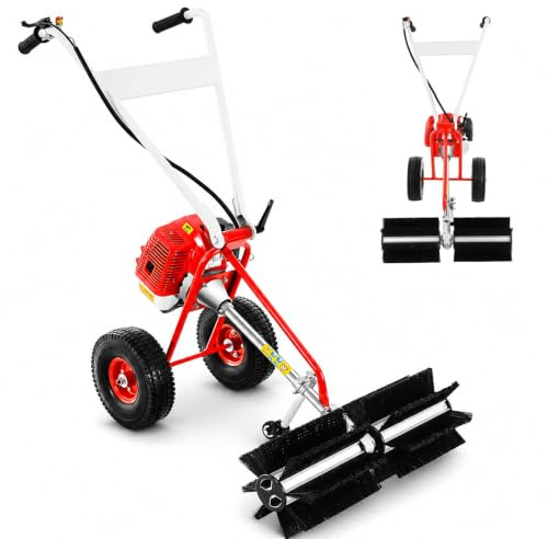Balayeuse à essence 43 CC à moteur à 2 temps, balayeuse manuelle avec brosse en nylon et roues, balayeuse à neige pour cour, allée, jardin, gazon artificiel, béton