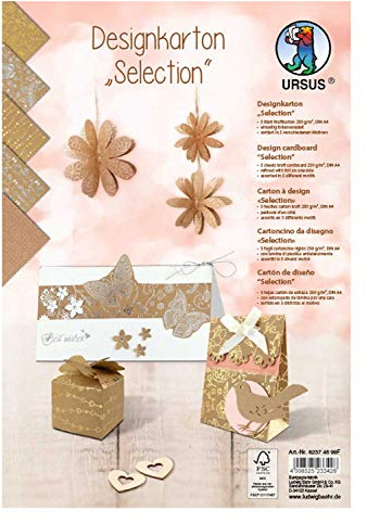 Ursus 62374699F - Designkarton, Selection, DIN A4, 250 g/qm, 5 Blatt in 5 verschiedenen Motiven, aus Kraftkarton, einseitig folienveredelt, ideal für kreative Bastelarbeiten