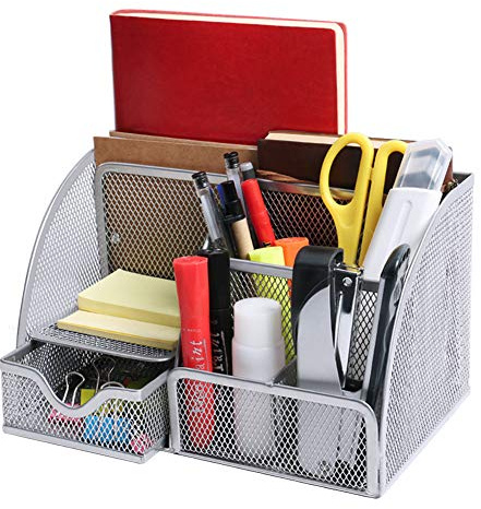 OKPOW Mesh Desk Organiser,Multi-Use Desk Tidy & Pen Holder with 6 storage and 1 Slide Drawer,Stationary Organiser for School,Home,Office desktop supplies (Silver)