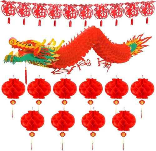 TUPARKA Lot de 12 décorations du Nouvel An chinois : guirlande de dragons, lanternes en papier rouge, guirlande à suspendre pour le Nouvel An lunaire chinois