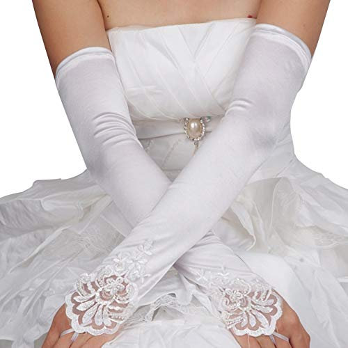 Asudaro Damen Lange Brauthandschuhe Hochzeitshandschuhe Sexy Spitzenhandschuhe Fingerlos Handschuhe Hochzeit Abend Party Satin Fäustlinge Satinhandschuhe 42CM