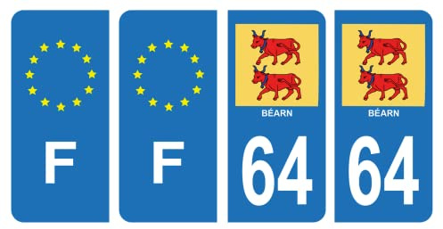HADEXIA Set mit 4 Nummernschild-Aufklebern für Auto, 64 Béarn & F Frankreich, Europa