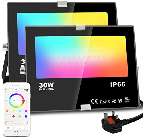 Lighting master LED Floodlight 30W 3000LM, Smart RGB Flood Lights Outdoor with APP Control, Colour Changing + Warm White, Timing - Scene - Garden Lighting, IP66, UK Plug（2 Packs