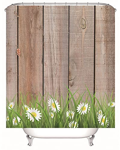 Banemi Duschvorhang Textil Extrabreit, Duschvorhang Grün Weiß Braun Planke Und Gänseblümchen 90X180cm für Eck Dusche mit 12 Duschvorhangringen