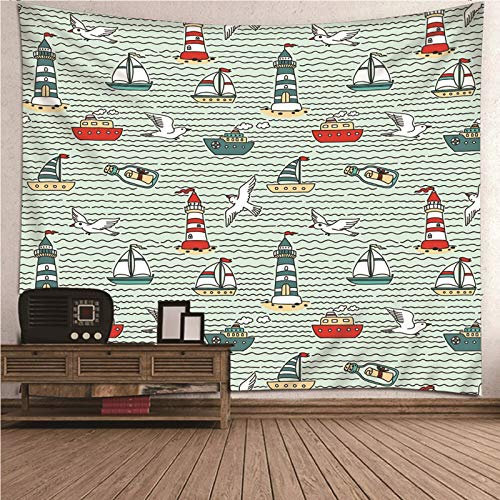 EHOMERY Wandteppich Zeichnung Wohnzimmer Wanddekoration Rot Grün Leuchtturm-Segeln-Möwen-Driftende Flasche Klein Vintage Wanddekoration Tumblr Wandbehang Wandschmuck Groß Schlafzimmer 210X140Cm