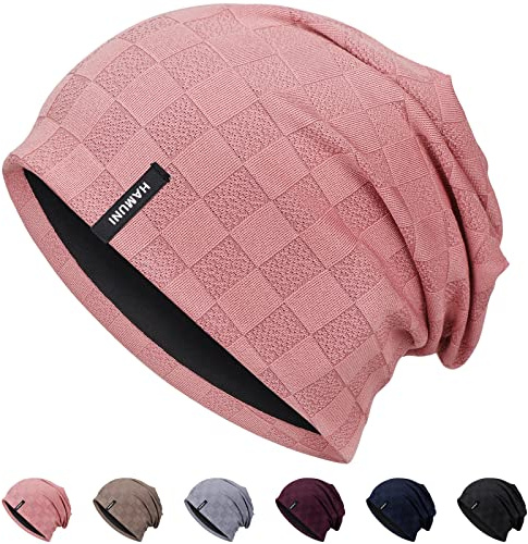 HAMUNI Slouch beanie-mössa för män kvinnor, tunn och lätt jacquard jersey beanies kemo-huvudbonad mössor löplockad säckig mössa unisex flexibel, klassisk vinter, sommarhattar, ROSA, one size