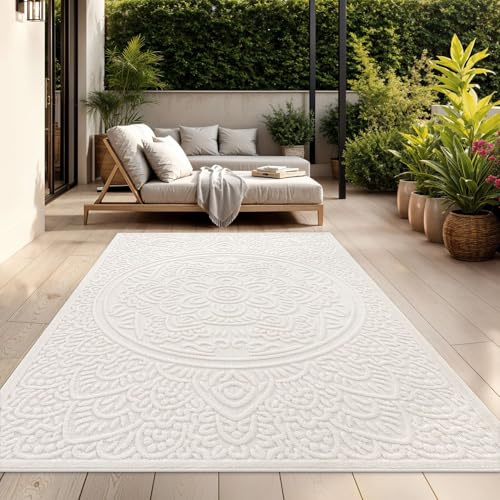 TT Home Outdoor Teppich 160x220 cm Creme, Wetterfest & Robust modernes Boho Skandi Design mit 3D-Optik, für Terrasse & Wohnzimmer