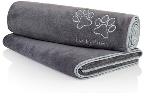 Lucky Paws® Serviette Chien Super Absorbante – Serviette pour Chien XL 140x70cm, Microfibre Ultra Douce, Séchage Rapide, Serviettes Artisanales de Qualité pour Chiens (Lot de 2, Gris/Argent)