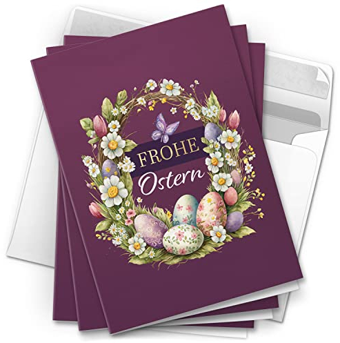 10 Osterkarten Grußkarten Set zu Ostern - Lila Frühling Blumenkranz Frohe Ostern - moderne Vintage Oster Grußkarten Klappkarten mit Umschlag