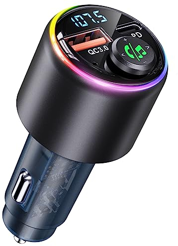 CIRYCASE Bluetooth 5.3 Voiture, Type-C PD 30W & QC3.0 18W Chargeur Allume Cigare USB, Transmetteur FM pour Hi-FI Musique & Appel Main Libre, Boutons Joystick & 7 Couleurs Rétro-Éclairage LED