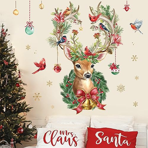 wondever Wandtattoo Weihnachten Rentier Kardinal Vögel Weihnachtsdeko | Abziehen und Aufkleben, Repositionierbar, Wanddeko Weihnachten Selbstklebend für Weihnachtsfeier Wohnzimmer Winter Deko