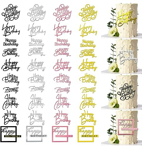40 PCS Happy Birthday Cake Toppers Mirror Acrylic Toppers with 10 Styles 4 Colors for Birthday Party Cake Desserts Pastries