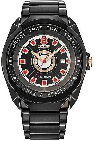 Citizen Eco-Drive Tony Stark I Love You 3000 orologio da uomo in acciaio inossidabile IP nero, datario a 3 lancette, luminoso, 43 mm, Retro della cassa in acciaio IP nero/inciso: la firma di Tony