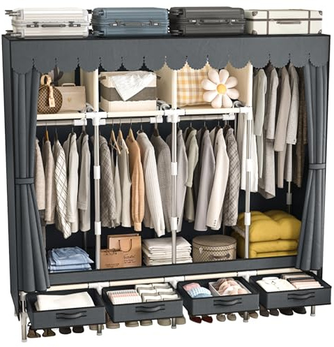 LEAIJIAFY Large Portable Wardrobe with 4 Hanging Rods and Drawers, Armoire, Metal Storage Wardrobe Hangers, Upgraded Grey Non-Woven Dust Cover for Handing Closet,Large Closets for Bedroom