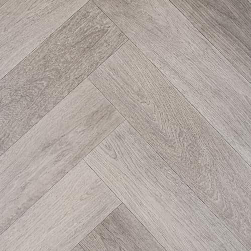 Light Grey Herringbone Parquet Style Tasman Vinyl Flooring Realistic 3.8mm Slip Resistant Foam Backed Lino (3m x 6m)