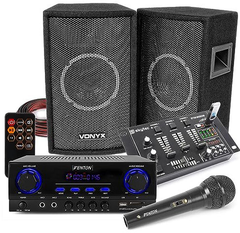 VONYX SL6 Bedroom DJ Speaker System, Complete Karaoke PA Kit with Bluetooth AV440 Amplifier, 6-Ch Mixer, Wired Microphone & Cables - 500W Home Disco Party Set